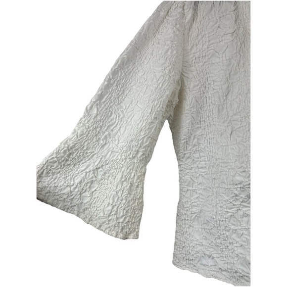 GO SILK Cream Puckered Smocked Blouse M Romantic Boho Victorian Loop Button Top - Picture 3 of 11